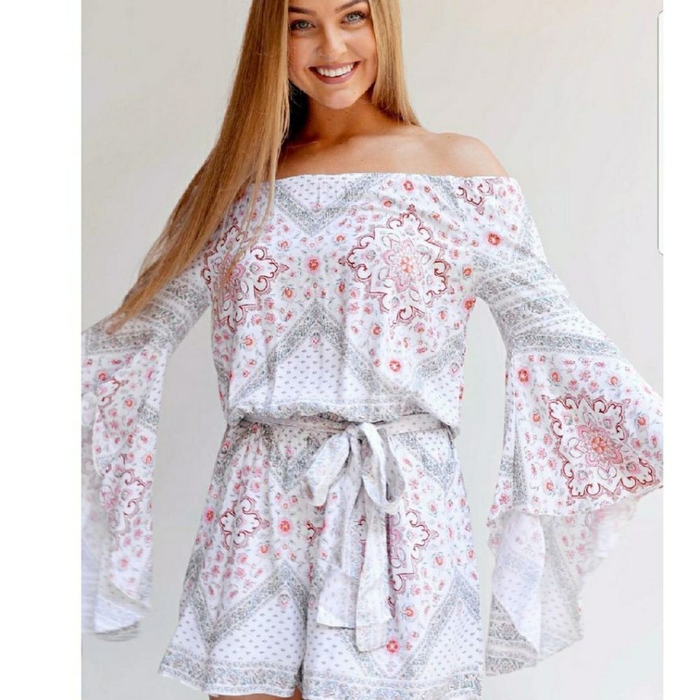 Ebby and I Printed Boho Print White Pink Romper